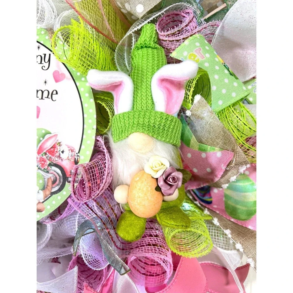 Handmade Easter Bunny Gnome Prelit Ribbon Wreath 22 in LED W12